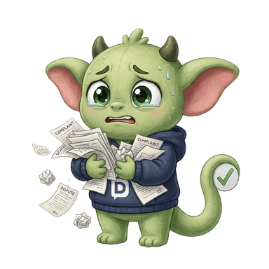 Anxious Dispute Gremlin surrounded by customer complaint chaos